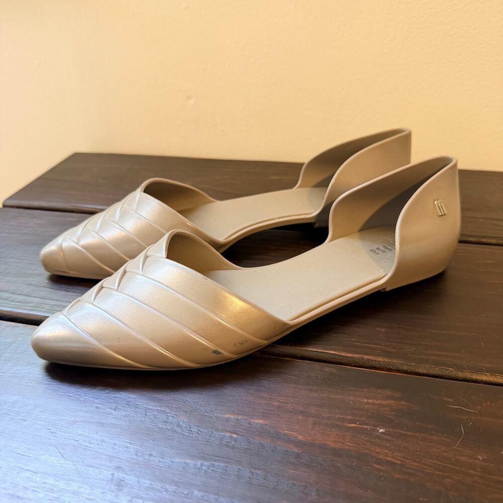 Melissa Women’s Petal Pointed Jelly d'Orsay Flat Pewter Slip On Shoes Size 8